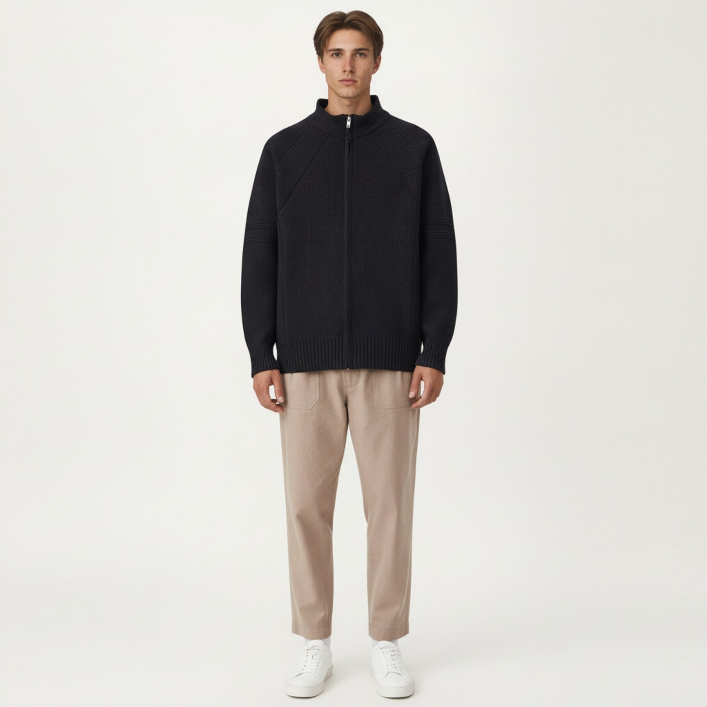 Men's Long Sleeve Full Zip Knit Sweater Jacket with Stand Collar Ribbed Trim and Relaxed Fit
