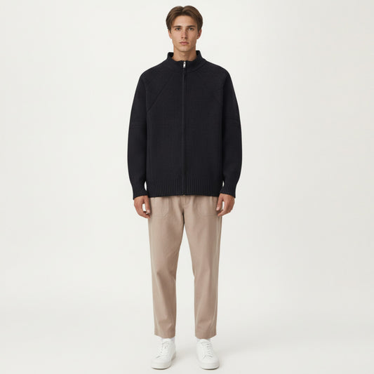 Men's Long Sleeve Full Zip Knit Sweater Jacket with Stand Collar Ribbed Trim and Relaxed Fit