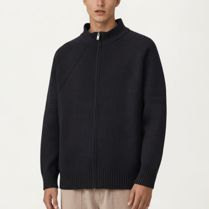 Men's Long Sleeve Full Zip Knit Sweater Jacket with Stand Collar Ribbed Trim and Relaxed Fit