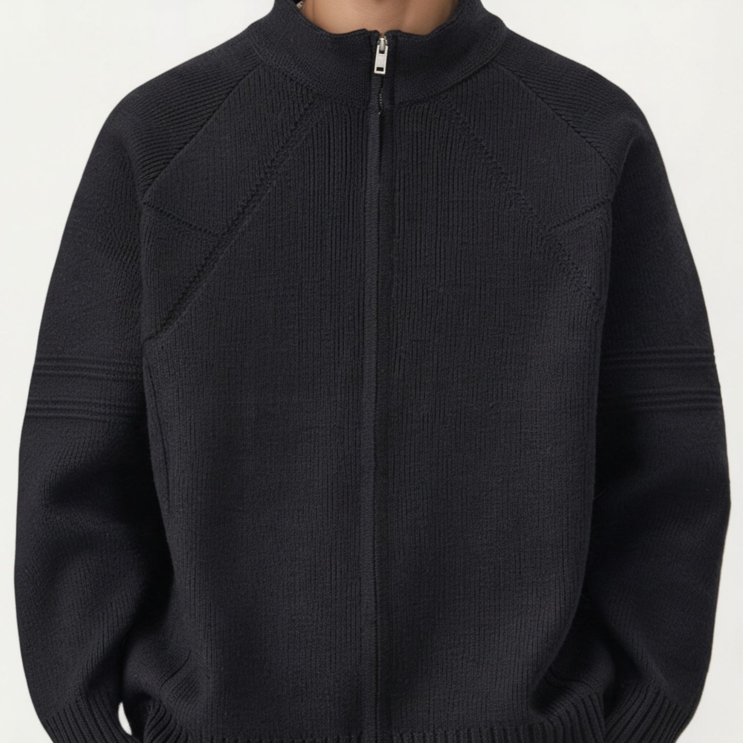 Men's Long Sleeve Full Zip Knit Sweater Jacket with Stand Collar Ribbed Trim and Relaxed Fit