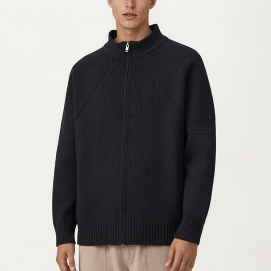 Men's Long Sleeve Full Zip Knit Sweater Jacket with Stand Collar Ribbed Trim and Relaxed Fit