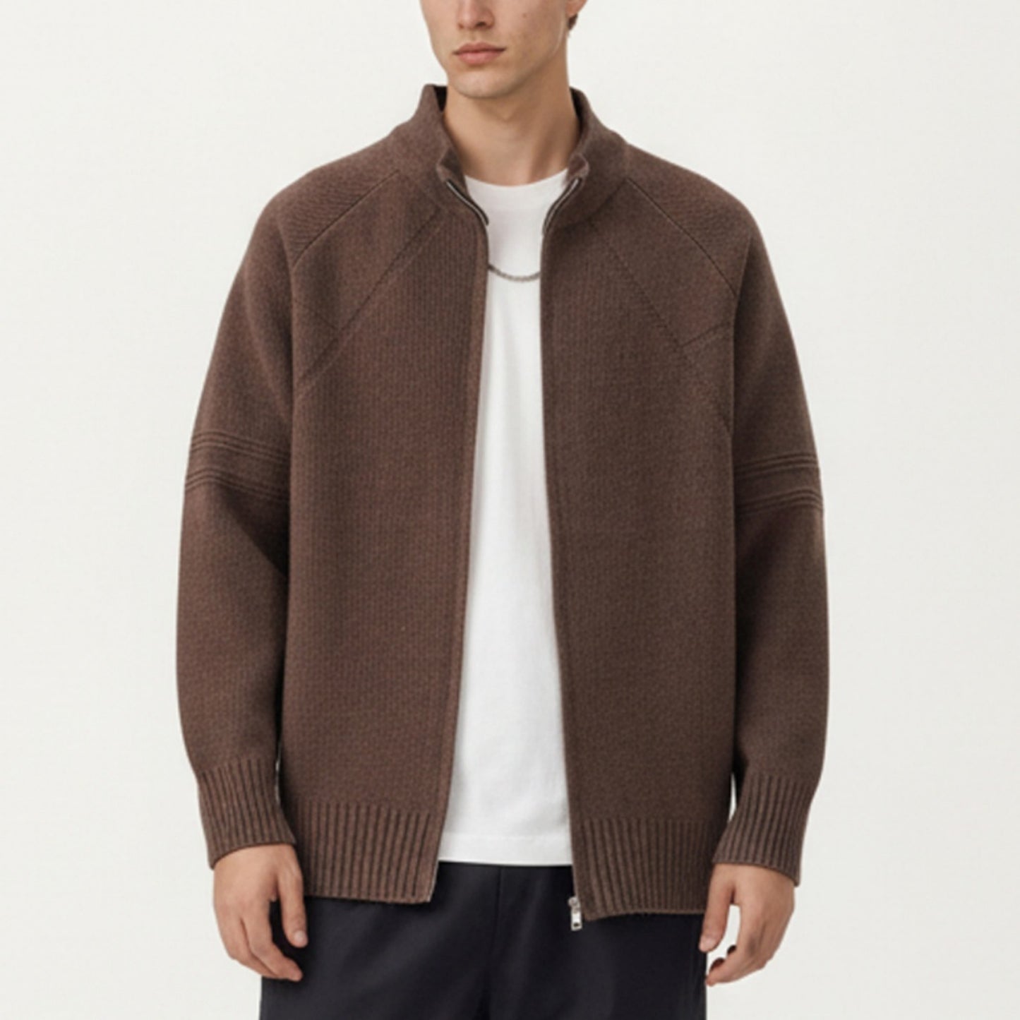 Men's Long Sleeve Full Zip Knit Sweater Jacket with Stand Collar Ribbed Trim and Relaxed Fit