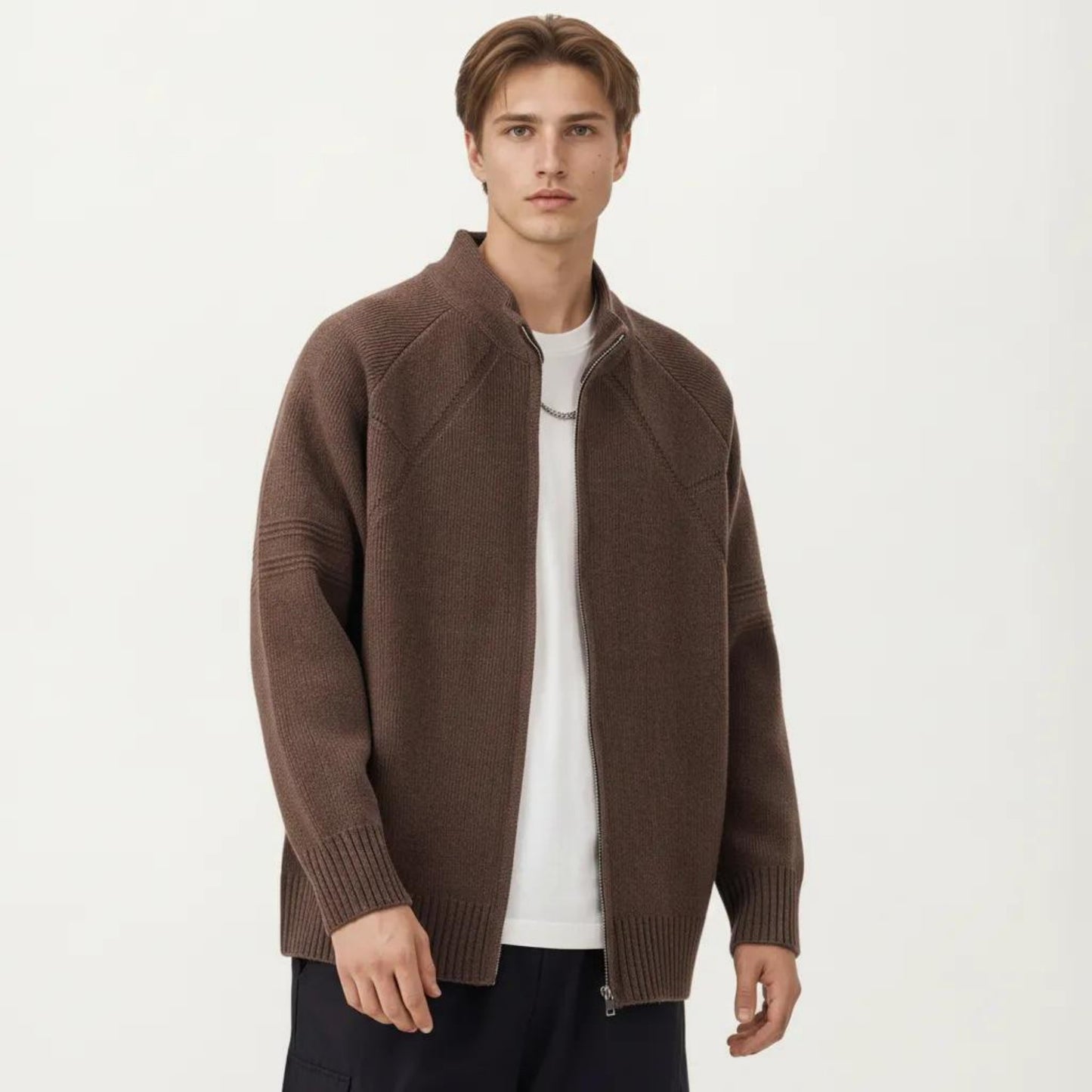 Men's Long Sleeve Full Zip Knit Sweater Jacket with Stand Collar Ribbed Trim and Relaxed Fit