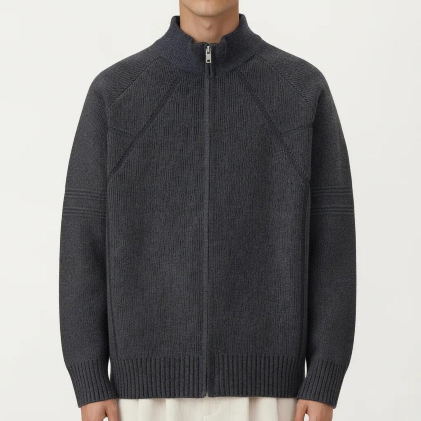Men's Long Sleeve Full Zip Knit Sweater Jacket with Stand Collar Ribbed Trim and Relaxed Fit