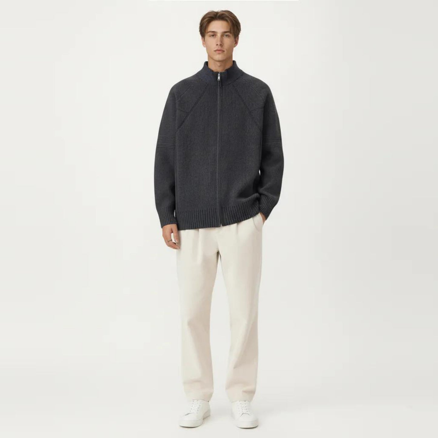 Men's Long Sleeve Full Zip Knit Sweater Jacket with Stand Collar Ribbed Trim and Relaxed Fit