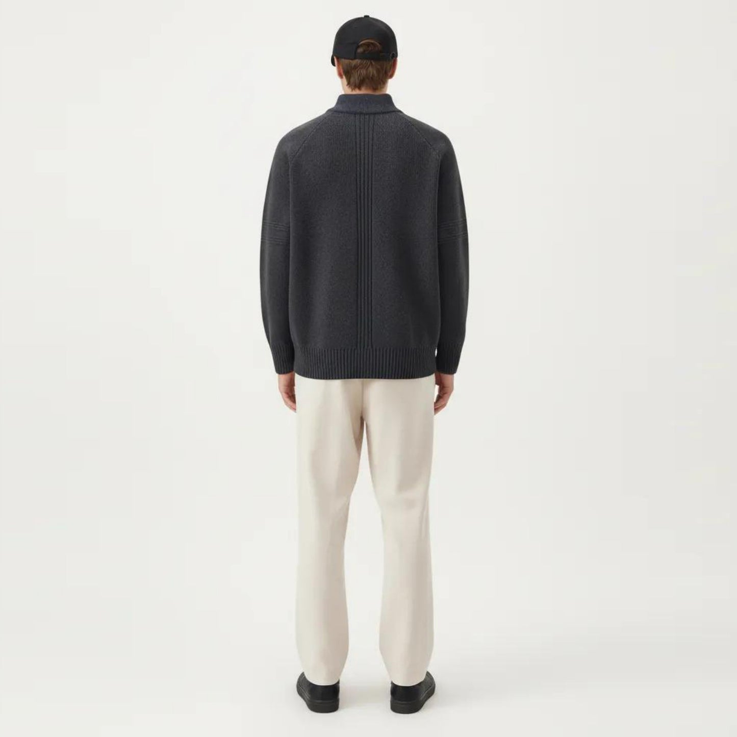 Men's Long Sleeve Full Zip Knit Sweater Jacket with Stand Collar Ribbed Trim and Relaxed Fit