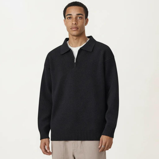 Men's Long Sleeve Collared Quarter Zip Knit Pullover Sweater with Ribbed Trim and Relaxed Fit