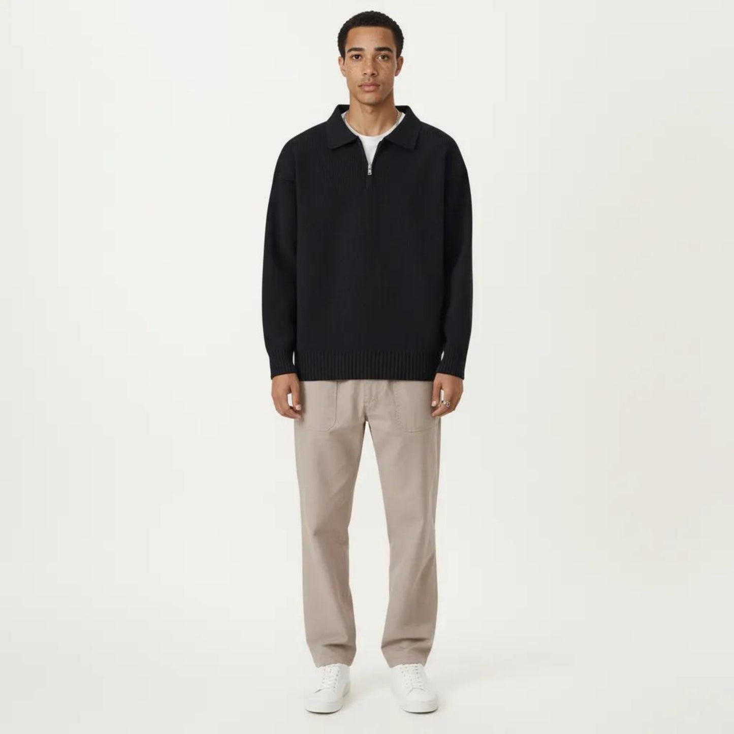 Men's Long Sleeve Collared Quarter Zip Knit Pullover Sweater with Ribbed Trim and Relaxed Fit