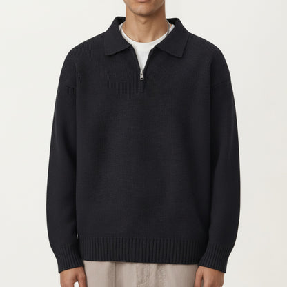 Men's Long Sleeve Collared Quarter Zip Knit Pullover Sweater with Ribbed Trim and Relaxed Fit