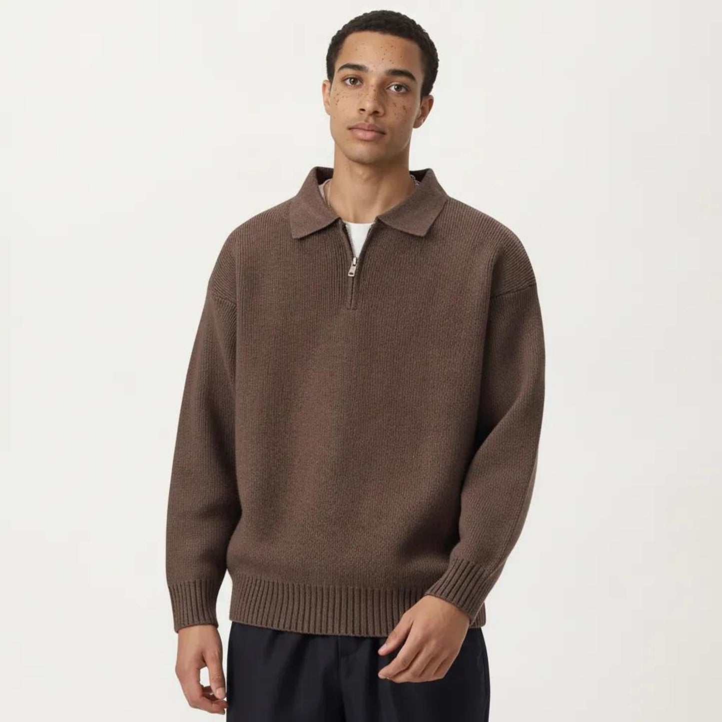 Men's Long Sleeve Collared Quarter Zip Knit Pullover Sweater with Ribbed Trim and Relaxed Fit