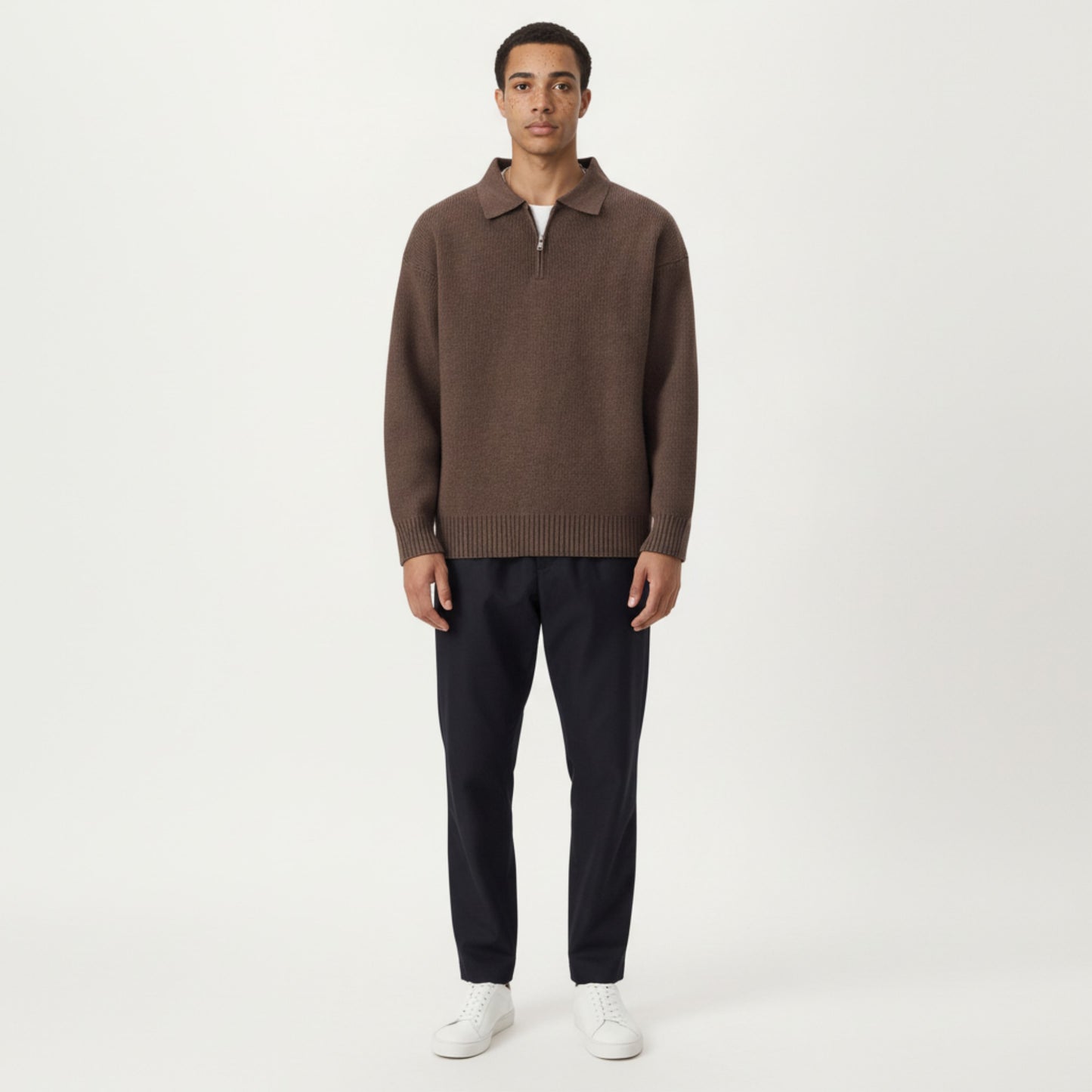 Men's Long Sleeve Collared Quarter Zip Knit Pullover Sweater with Ribbed Trim and Relaxed Fit