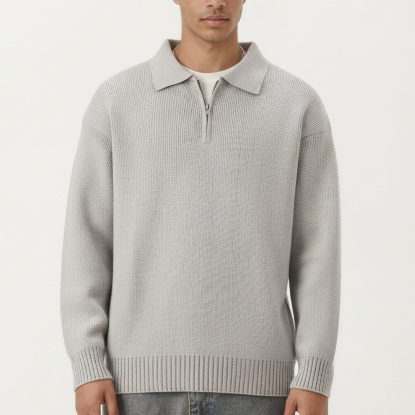 Men's Long Sleeve Collared Quarter Zip Knit Pullover Sweater with Ribbed Trim and Relaxed Fit