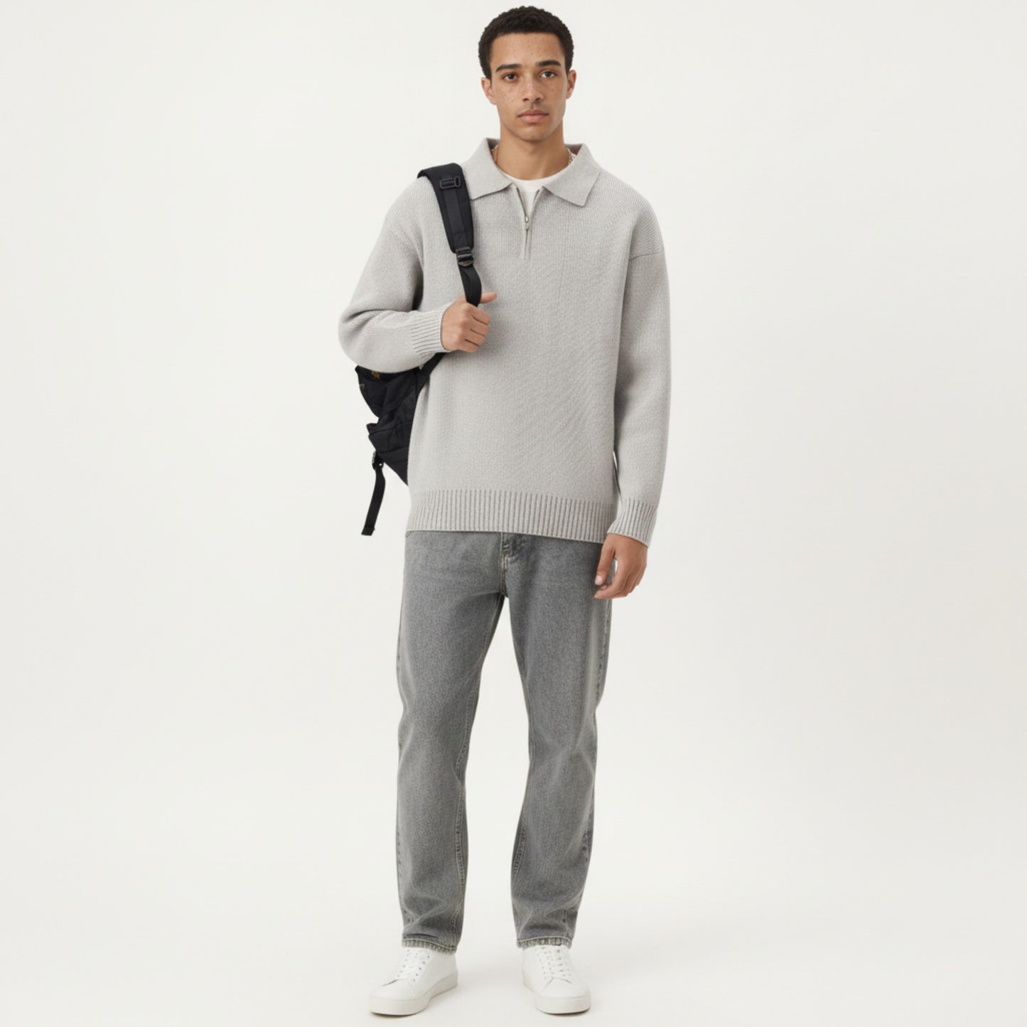 Men's Long Sleeve Collared Quarter Zip Knit Pullover Sweater with Ribbed Trim and Relaxed Fit