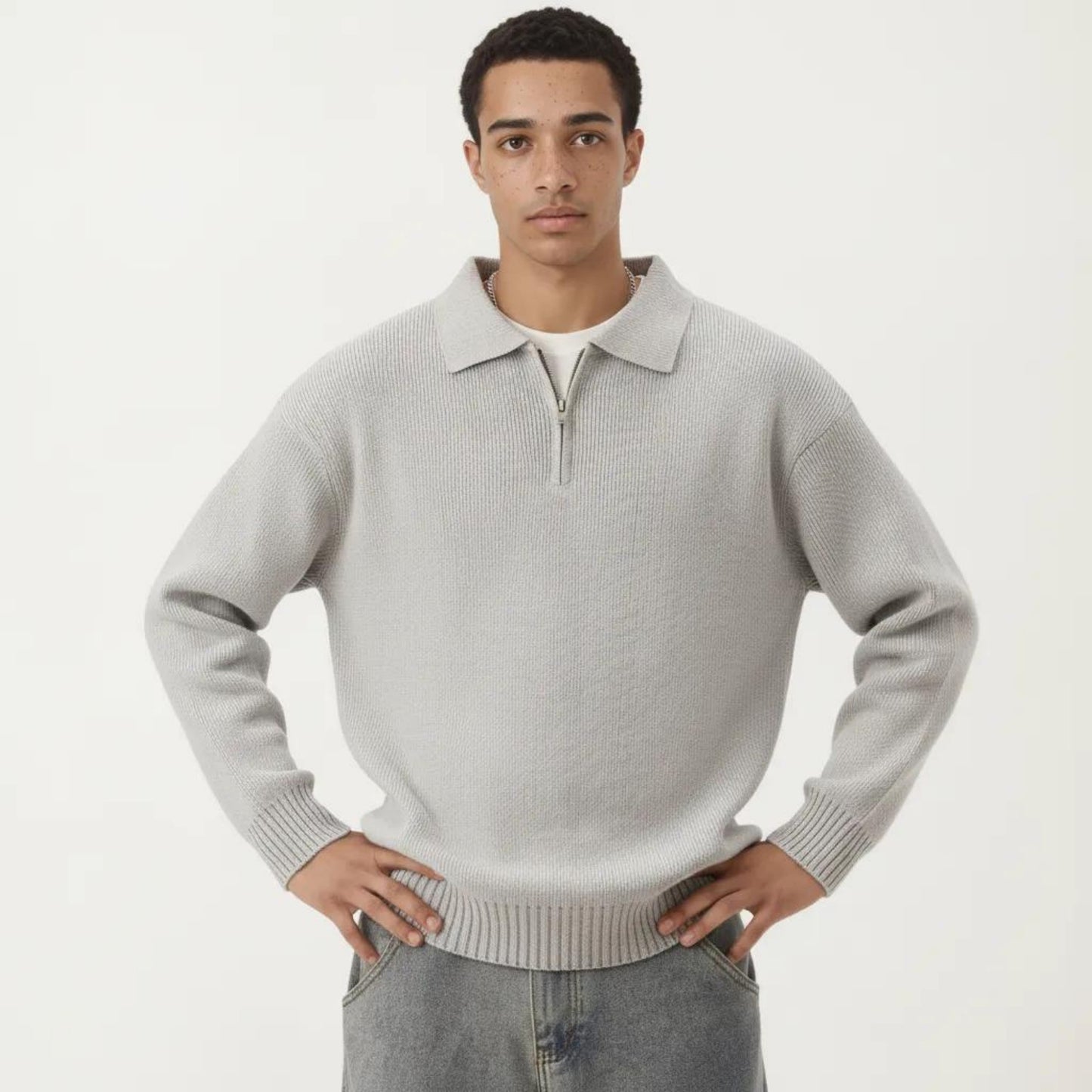 Men's Long Sleeve Collared Quarter Zip Knit Pullover Sweater with Ribbed Trim and Relaxed Fit