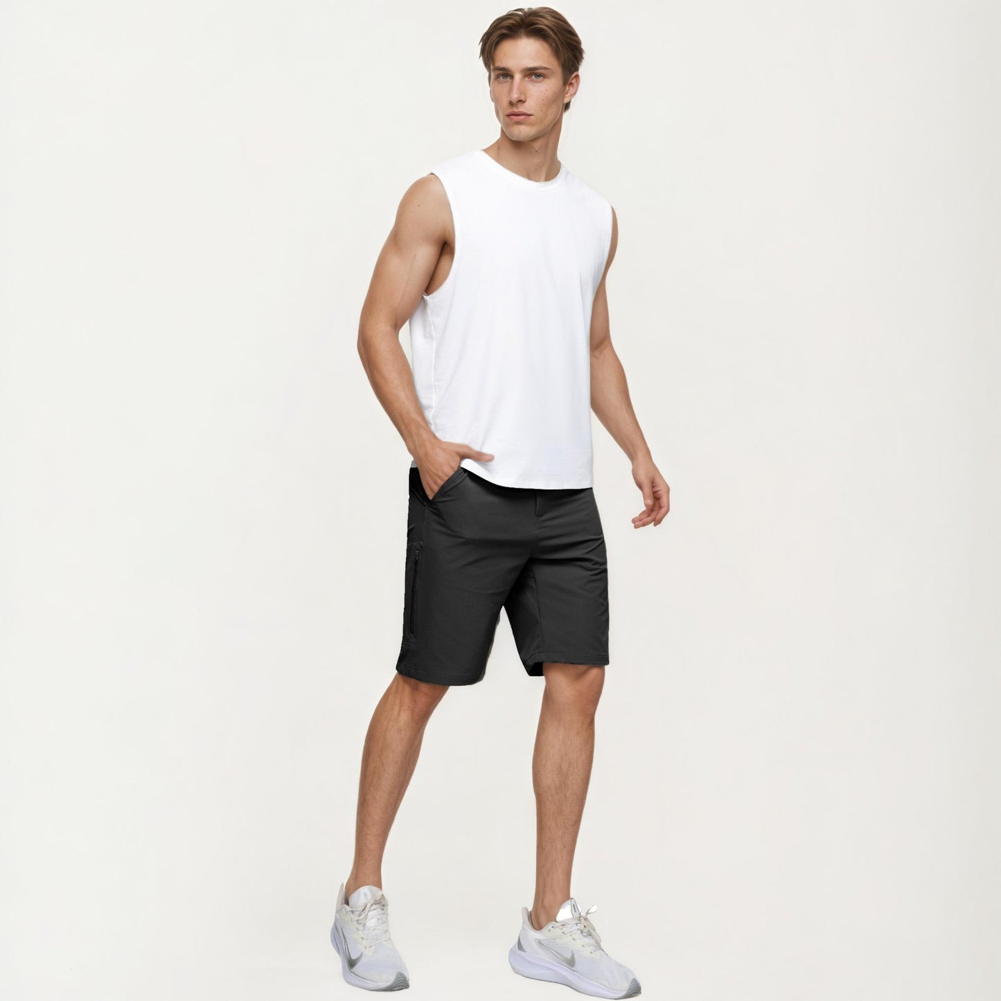 Men's Performance Stretch Shorts with Button Waist Closure and Tailored Athletic Fit