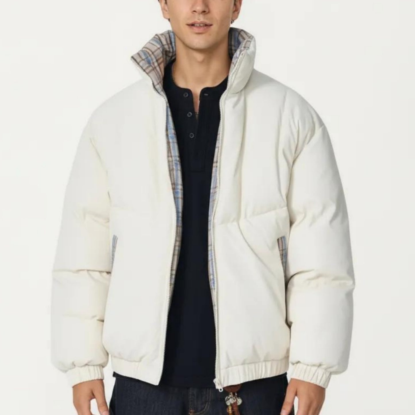 Men's Quilted Puffer Jacket with Plaid Lined Stand Collar and Elastic Hem