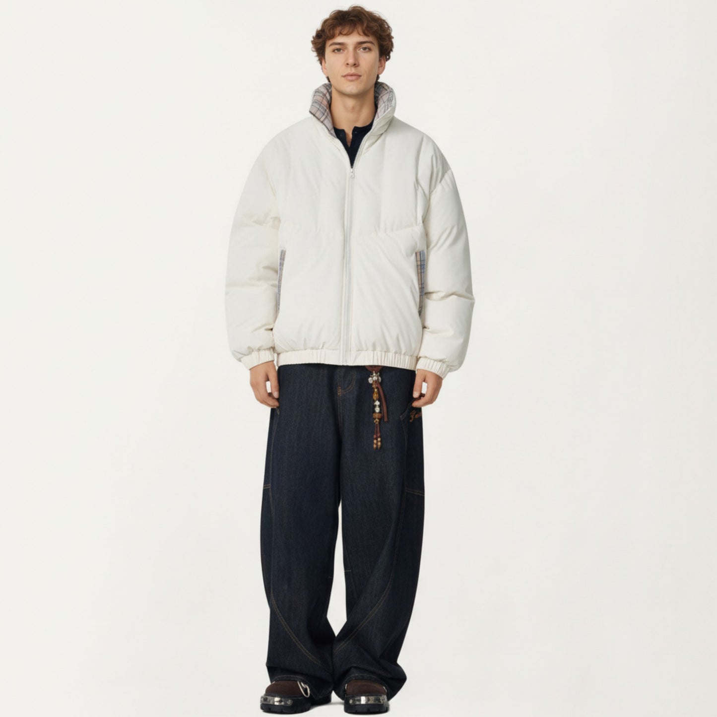 Men's Quilted Puffer Jacket with Plaid Lined Stand Collar and Elastic Hem