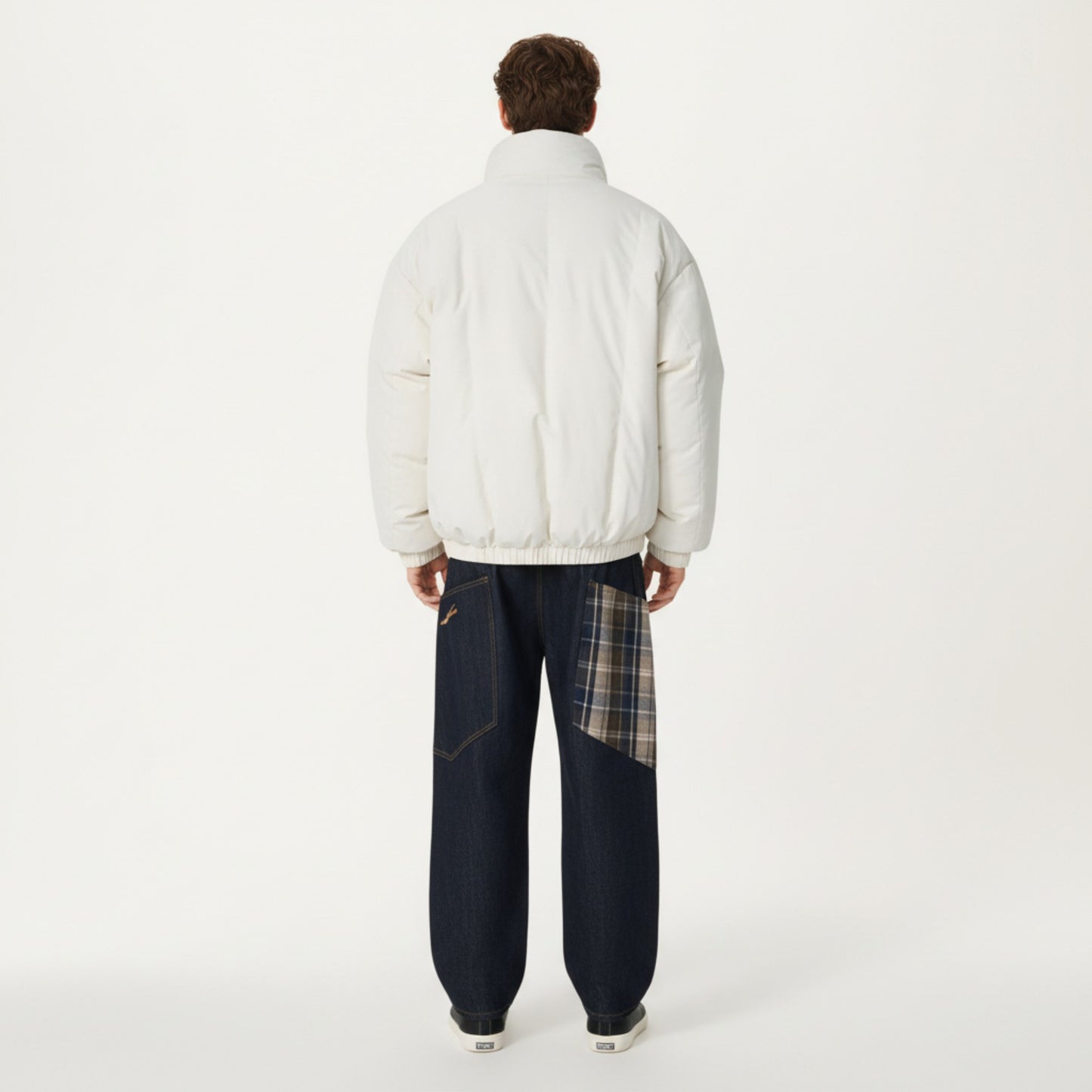 Men's Quilted Puffer Jacket with Plaid Lined Stand Collar and Elastic Hem