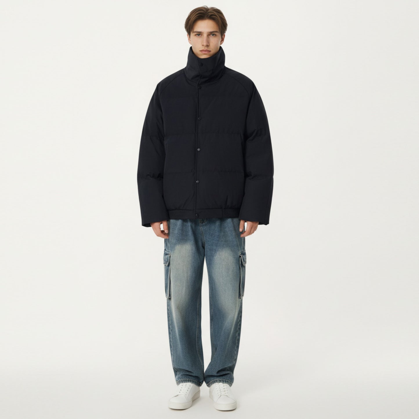 Men's Quilted Puffer Jacket with Stand Collar Snap Front and Ribbed Hem