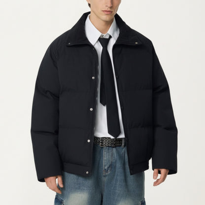 Men's Quilted Puffer Jacket with Stand Collar Snap Front and Ribbed Hem