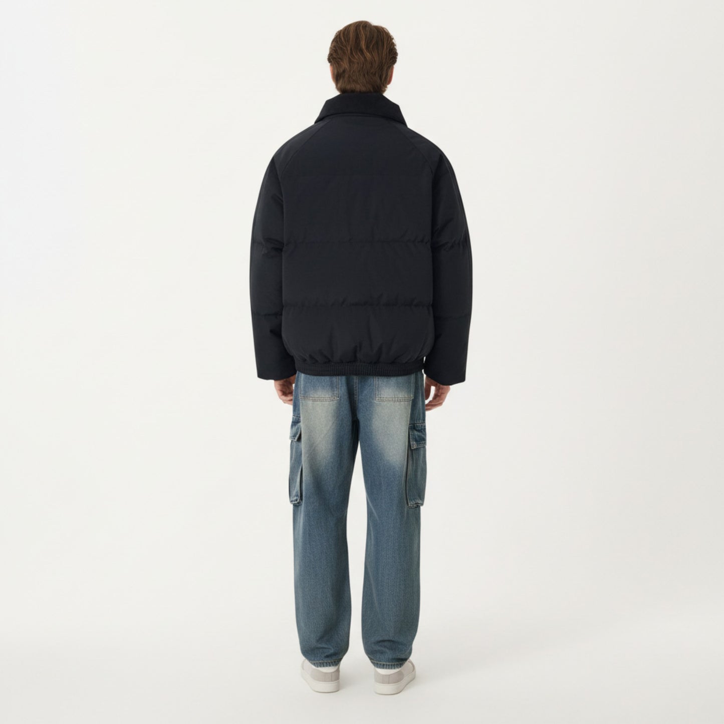 Men's Quilted Puffer Jacket with Stand Collar Snap Front and Ribbed Hem