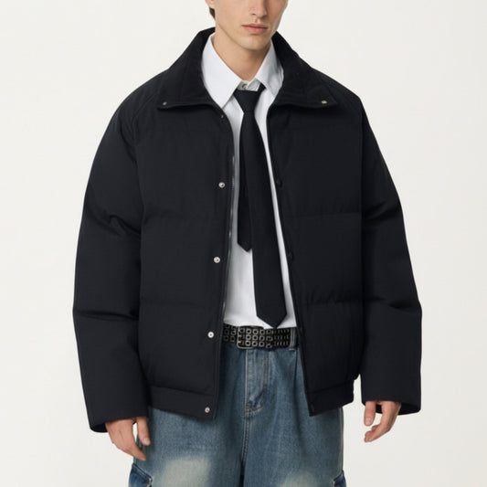 Men's Quilted Puffer Jacket with Stand Collar Snap Front and Ribbed Hem