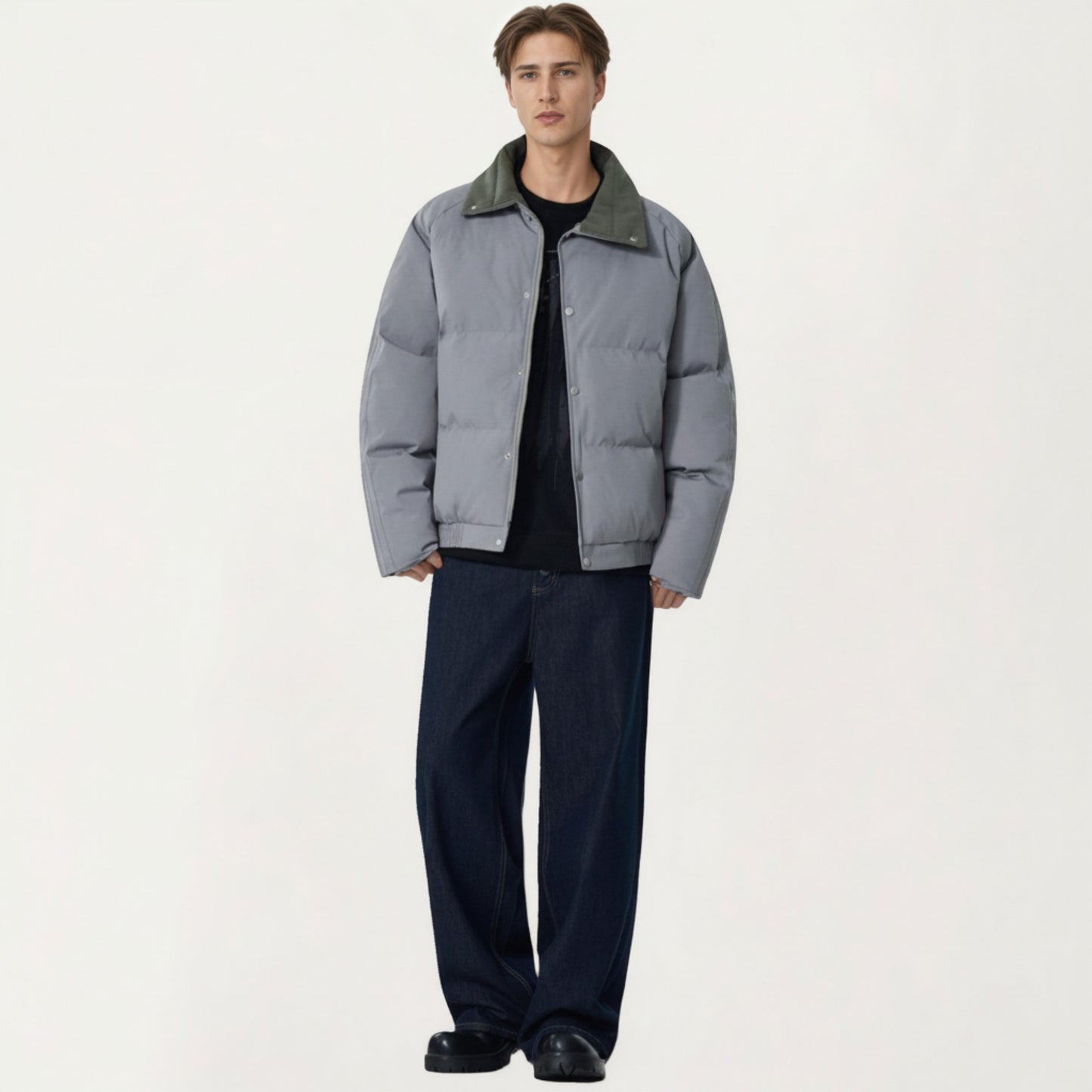 Men's Quilted Puffer Jacket with Stand Collar Snap Front and Ribbed Hem