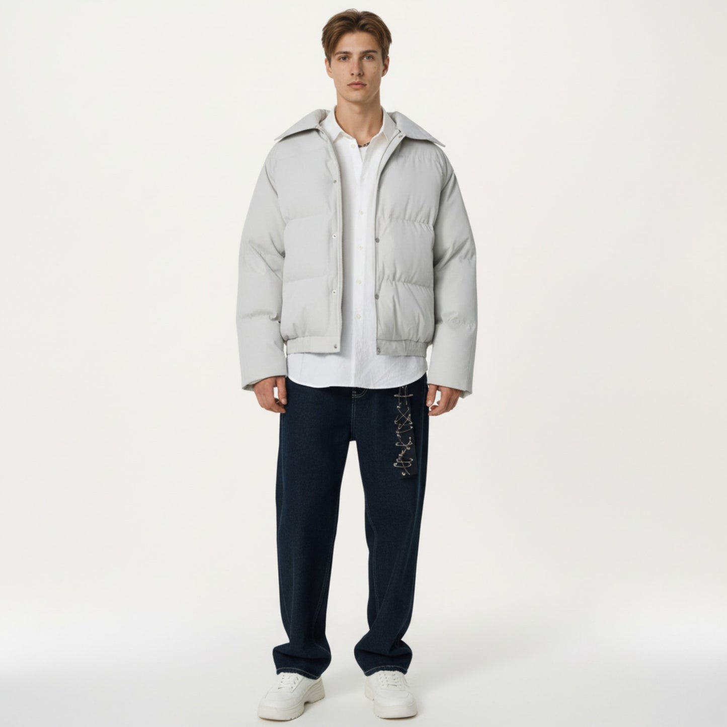Men's Quilted Puffer Jacket with Stand Collar Snap Front and Ribbed Hem