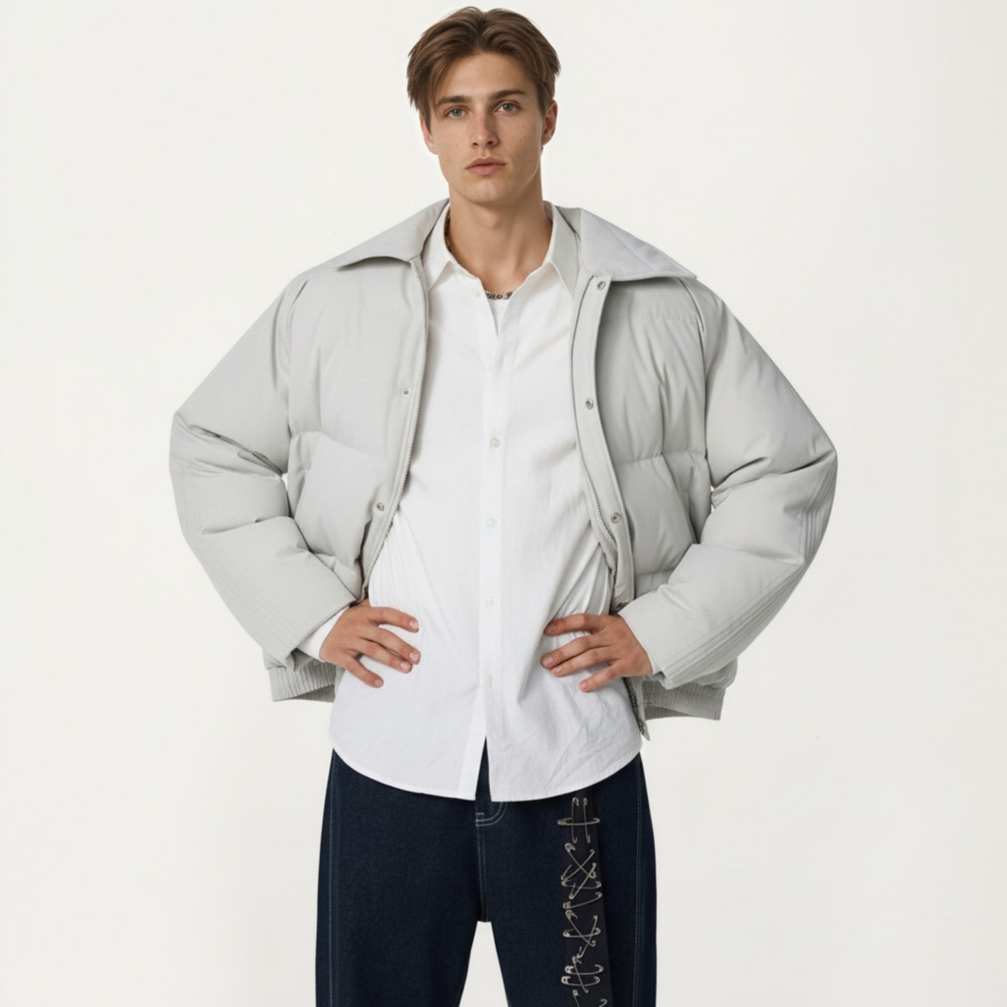 Men's Quilted Puffer Jacket with Stand Collar Snap Front and Ribbed Hem