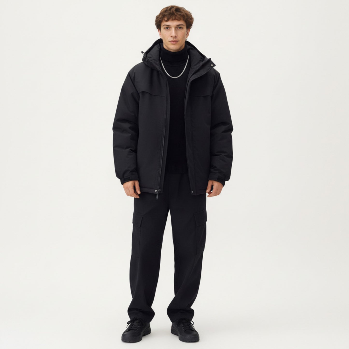 Men's Hooded Zip Front Jacket with Long Sleeves and Clean Panel Construction