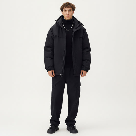 Men's Hooded Zip Front Jacket with Long Sleeves and Clean Panel Construction