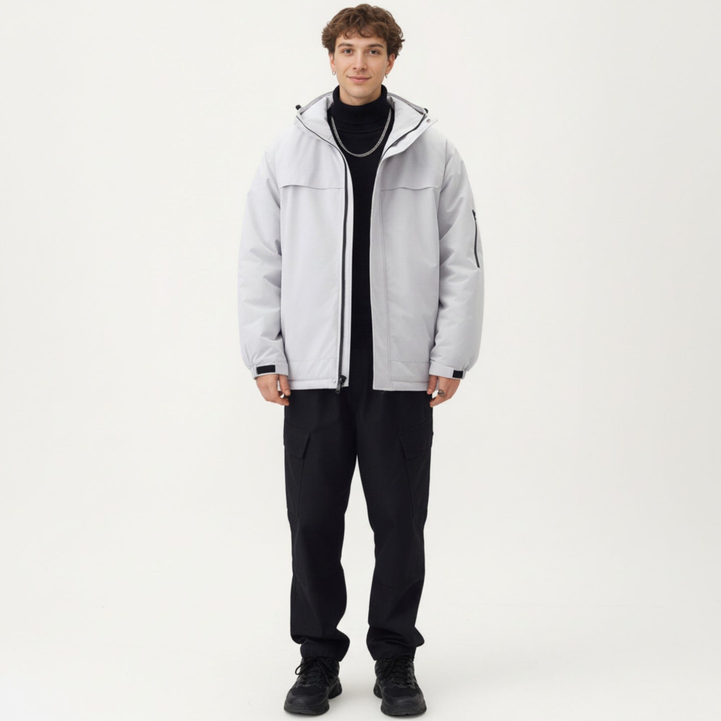 Men's Hooded Zip Front Jacket with Long Sleeves and Clean Panel Construction