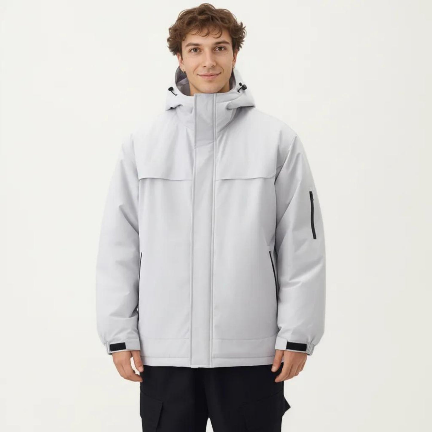 Men's Hooded Zip Front Jacket with Long Sleeves and Clean Panel Construction