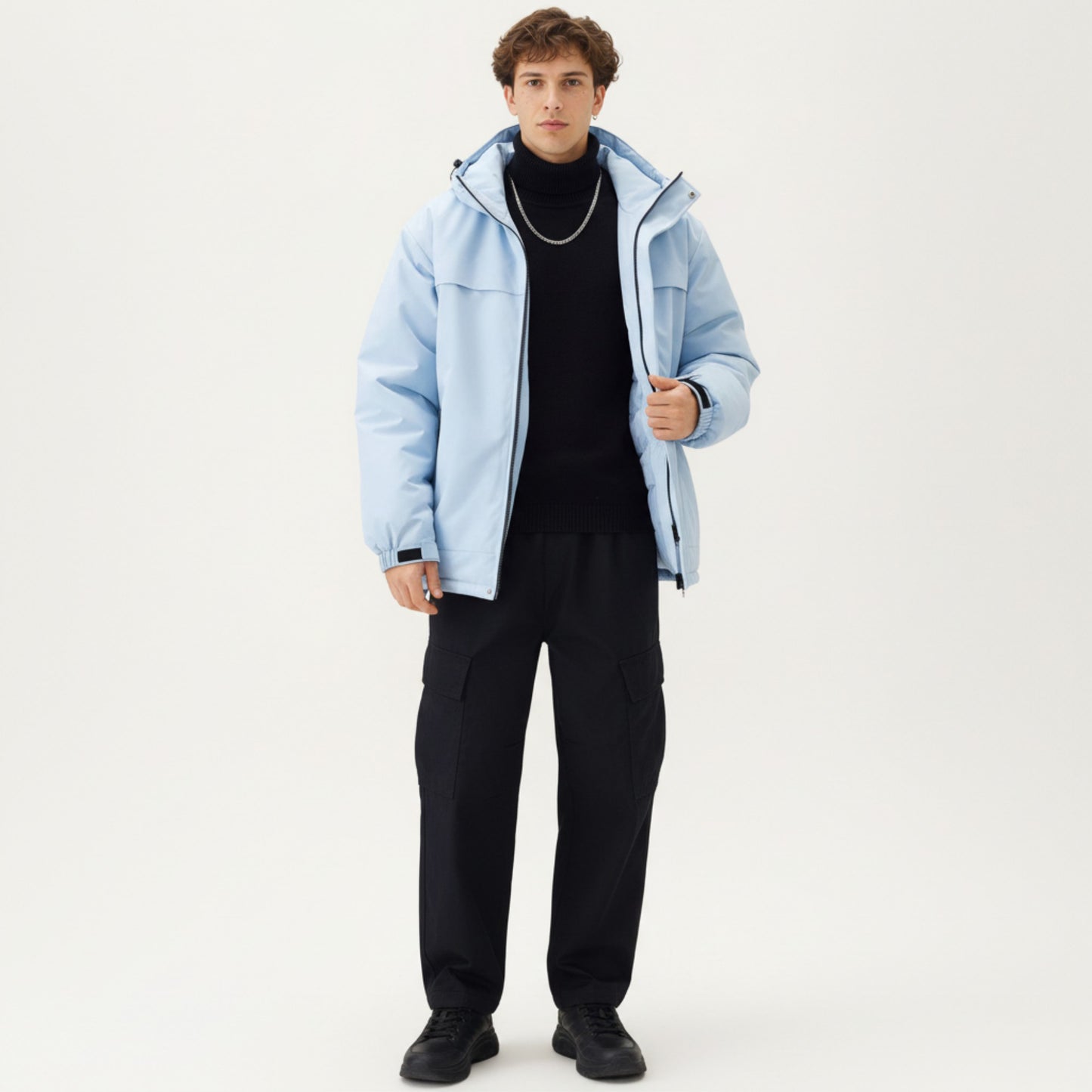 Men's Hooded Zip Front Jacket with Long Sleeves and Clean Panel Construction