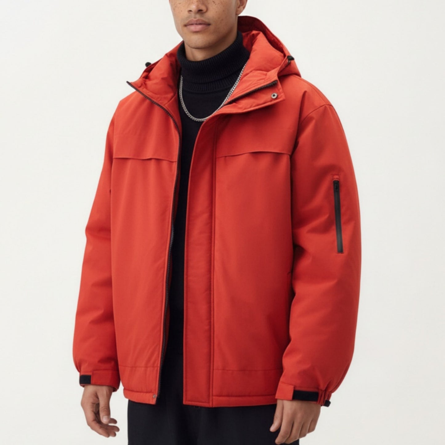 Men's Hooded Zip Front Jacket with Long Sleeves and Clean Panel Construction