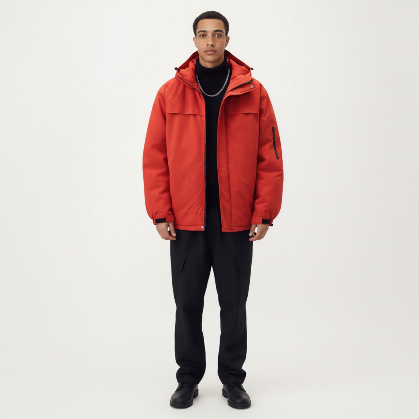 Men's Hooded Zip Front Jacket with Long Sleeves and Clean Panel Construction