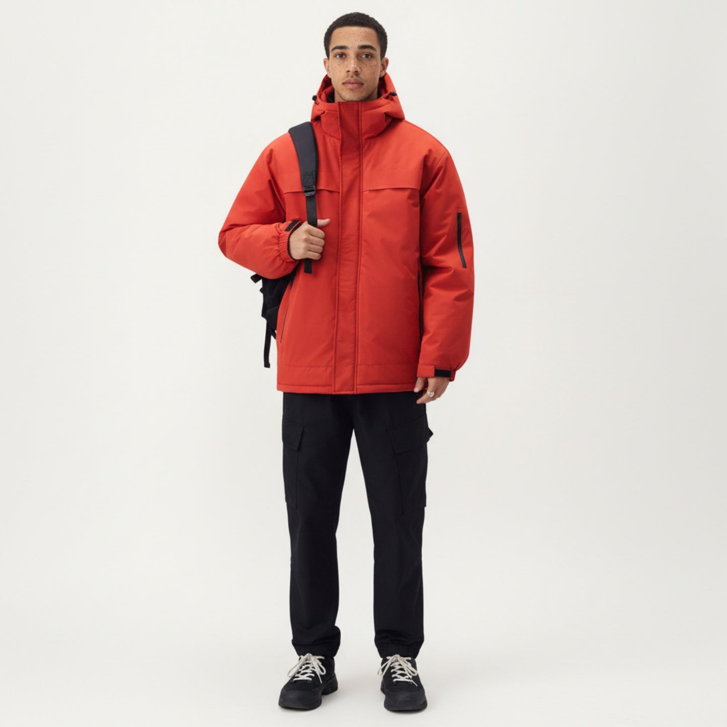 Men's Hooded Zip Front Jacket with Long Sleeves and Clean Panel Construction