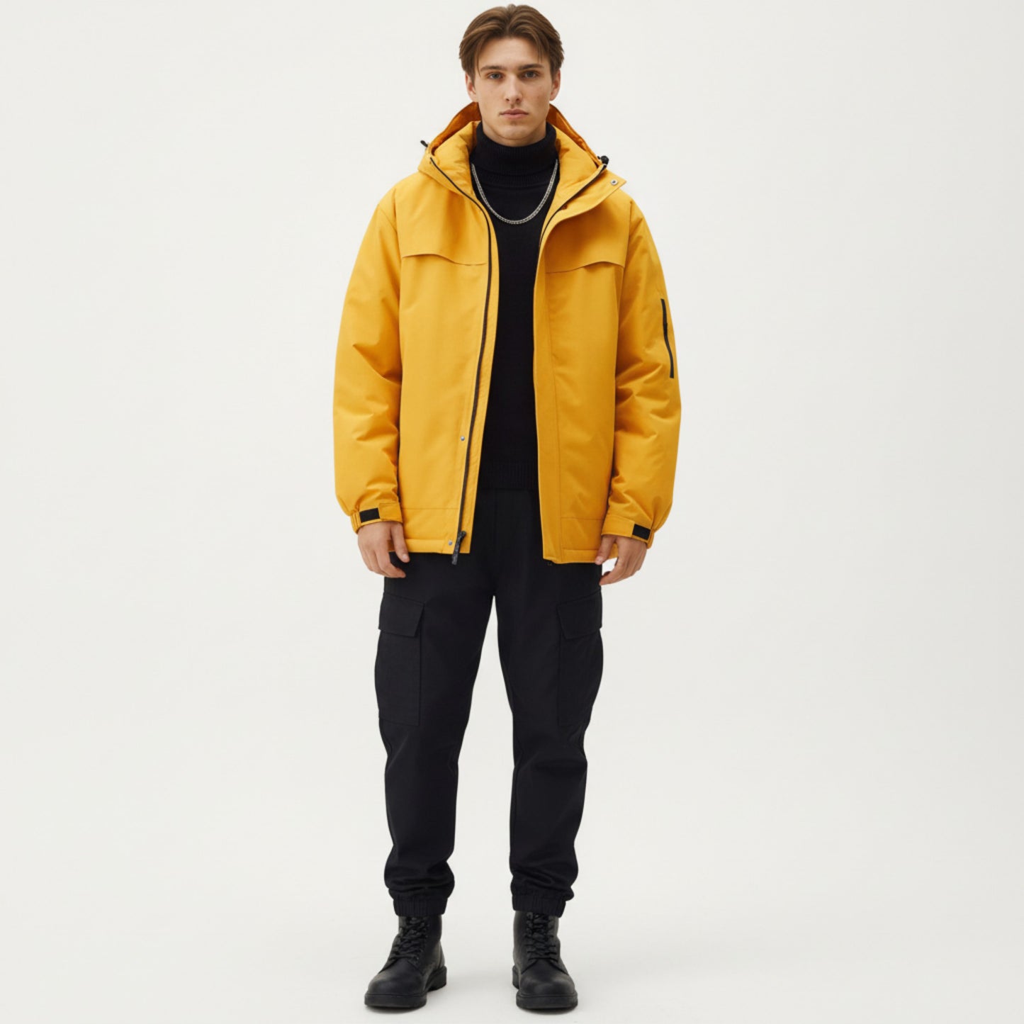 Men's Hooded Zip Front Jacket with Long Sleeves and Clean Panel Construction