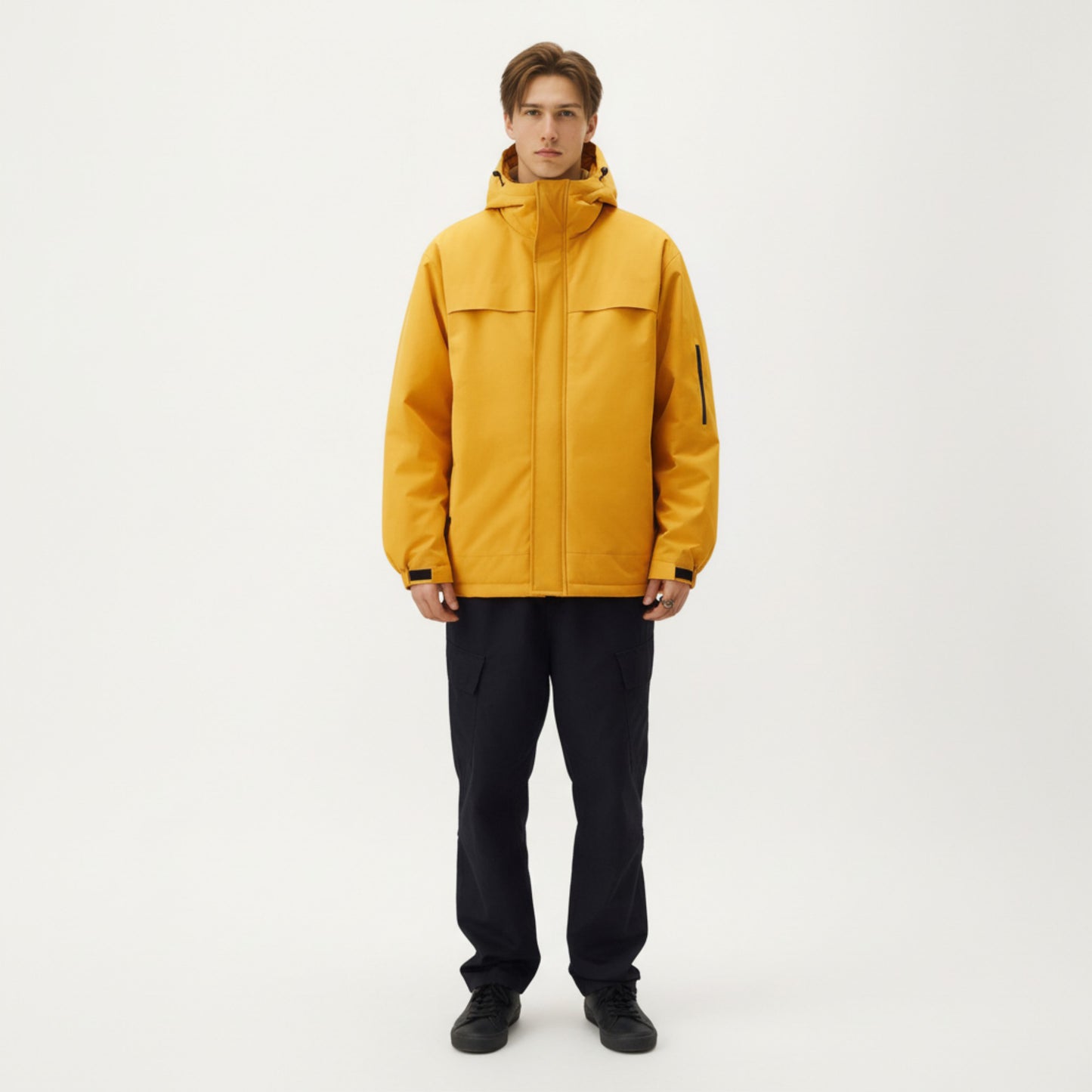 Men's Hooded Zip Front Jacket with Long Sleeves and Clean Panel Construction
