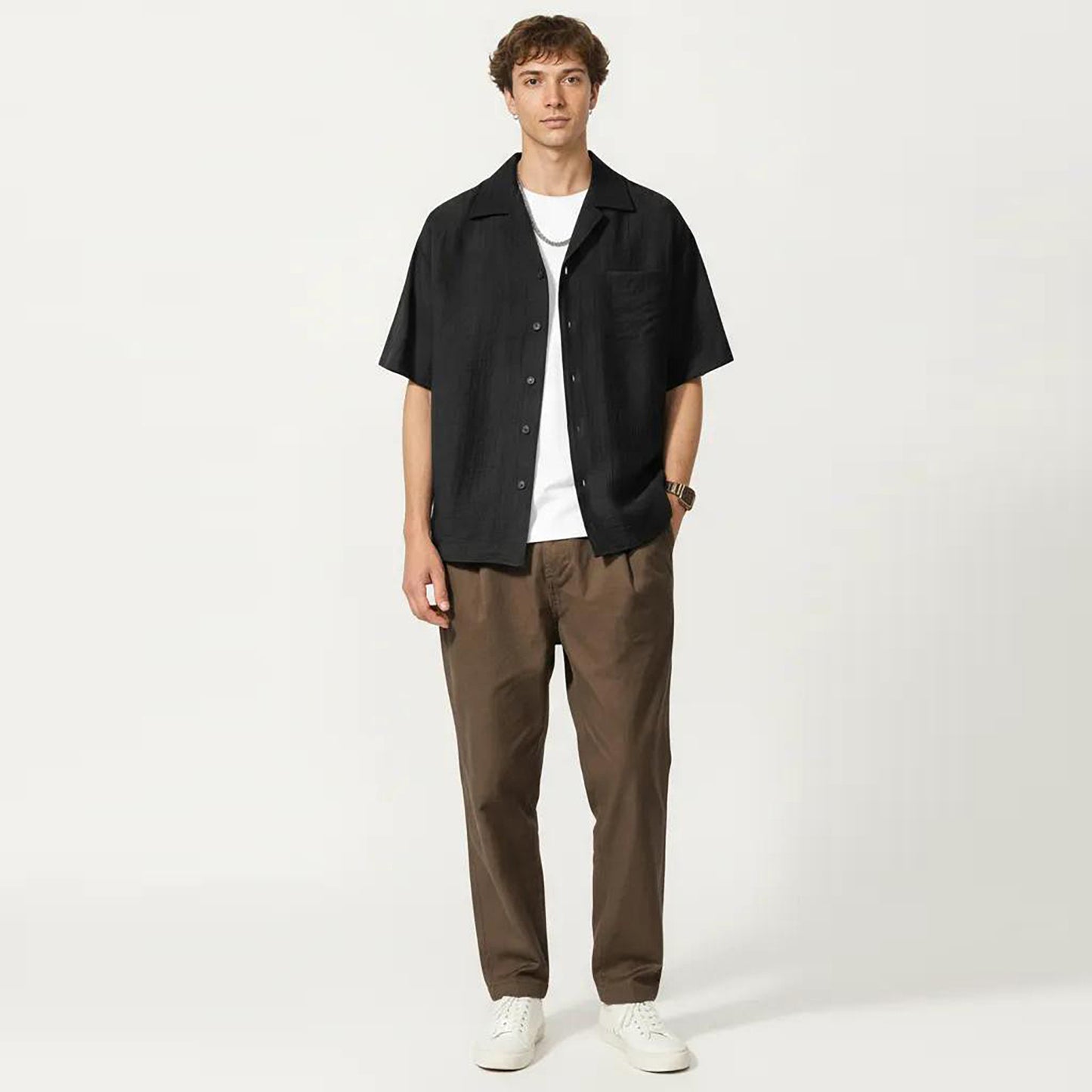Men's Short Sleeve Button Down Shirt with Textured Woven Fabric and Relaxed Open Collar Fit