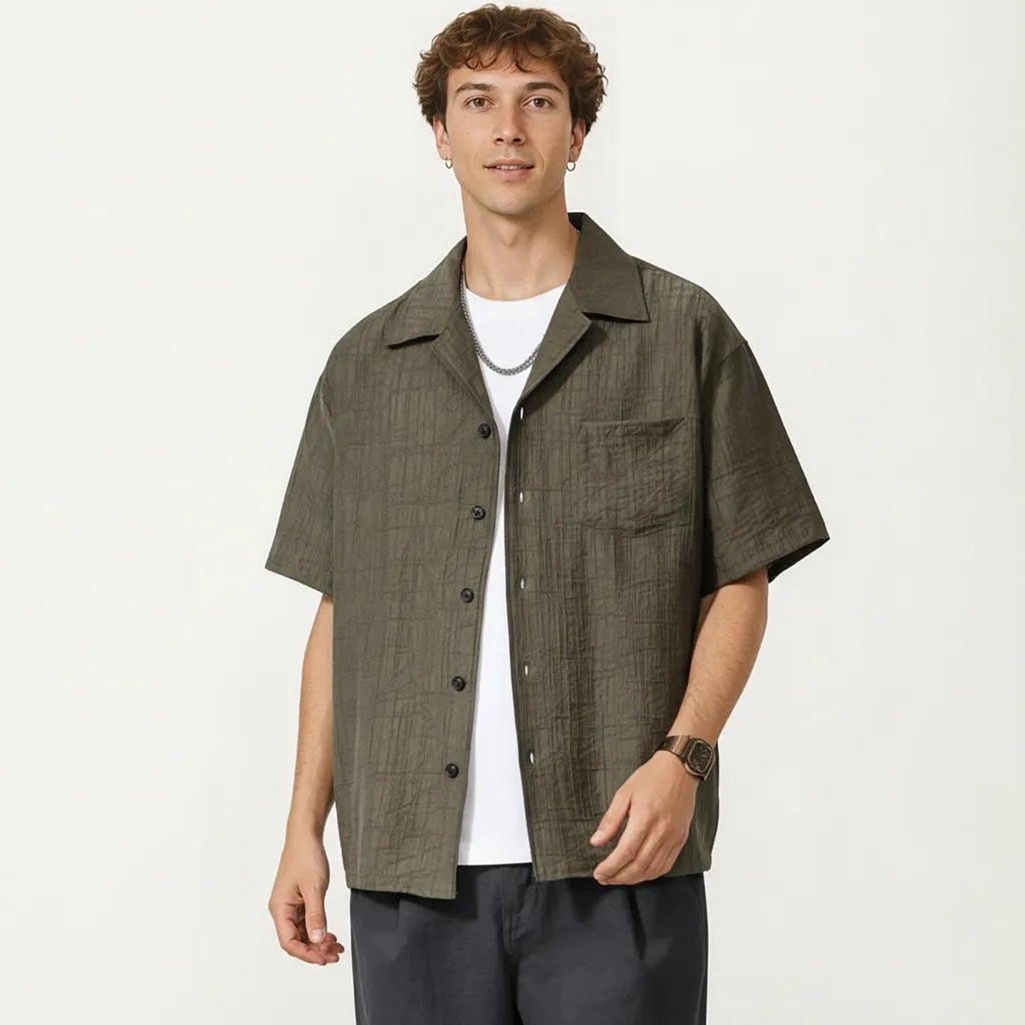 Men's Short Sleeve Button Down Shirt with Textured Woven Fabric and Relaxed Open Collar Fit