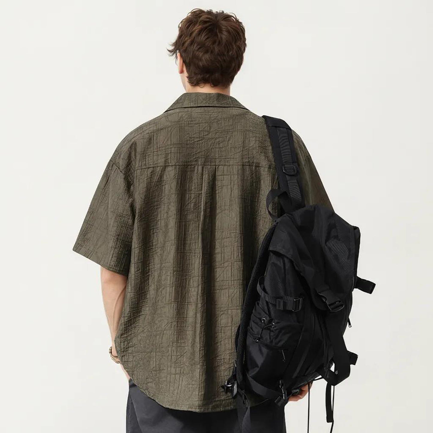 Men's Short Sleeve Button Down Shirt with Textured Woven Fabric and Relaxed Open Collar Fit
