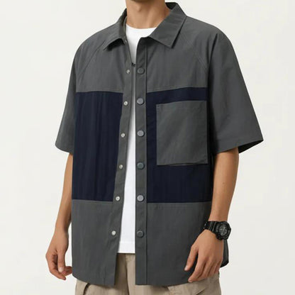 Men's Short Sleeve Button Front Overshirt with Chest Pocket and Relaxed Structured Fit