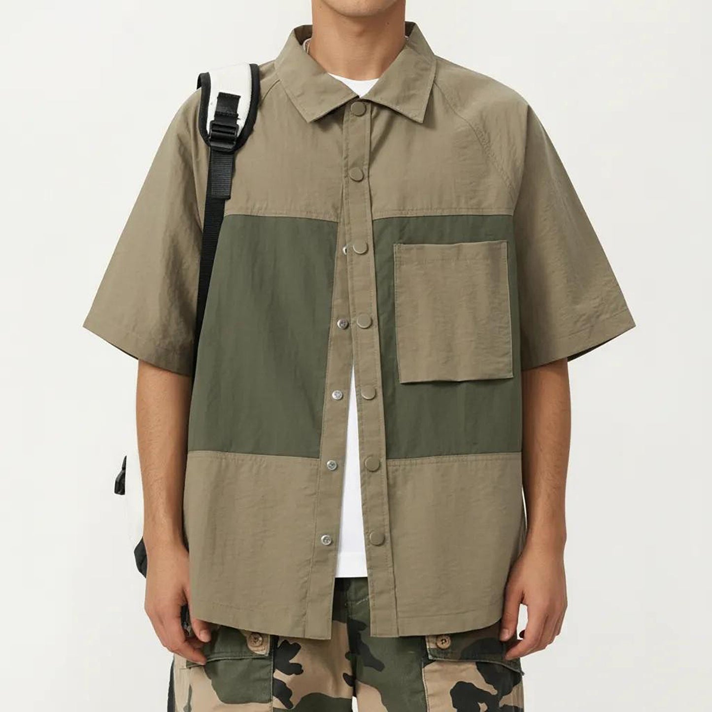 Men's Short Sleeve Button Front Overshirt with Chest Pocket and Relaxed Structured Fit
