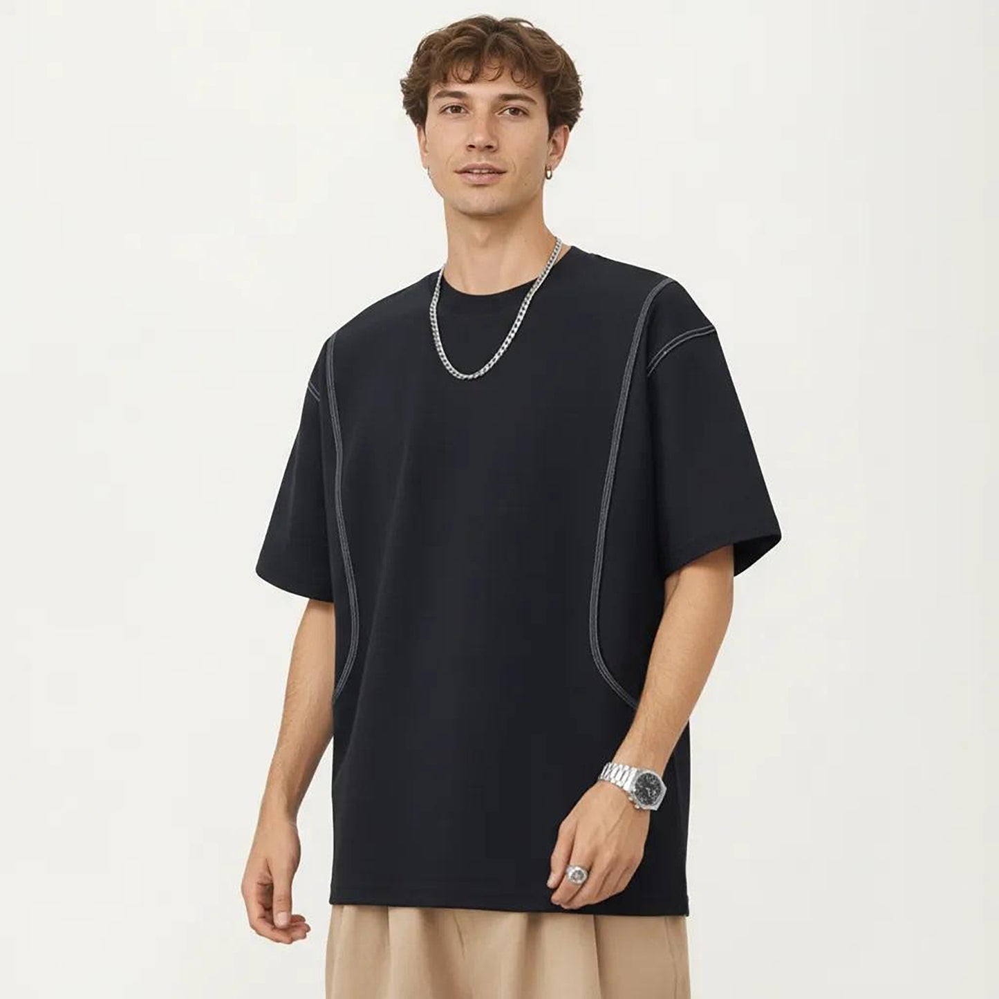 Men's Short Sleeve Crewneck T-Shirt with Exposed Seam Detailing and Relaxed Fit