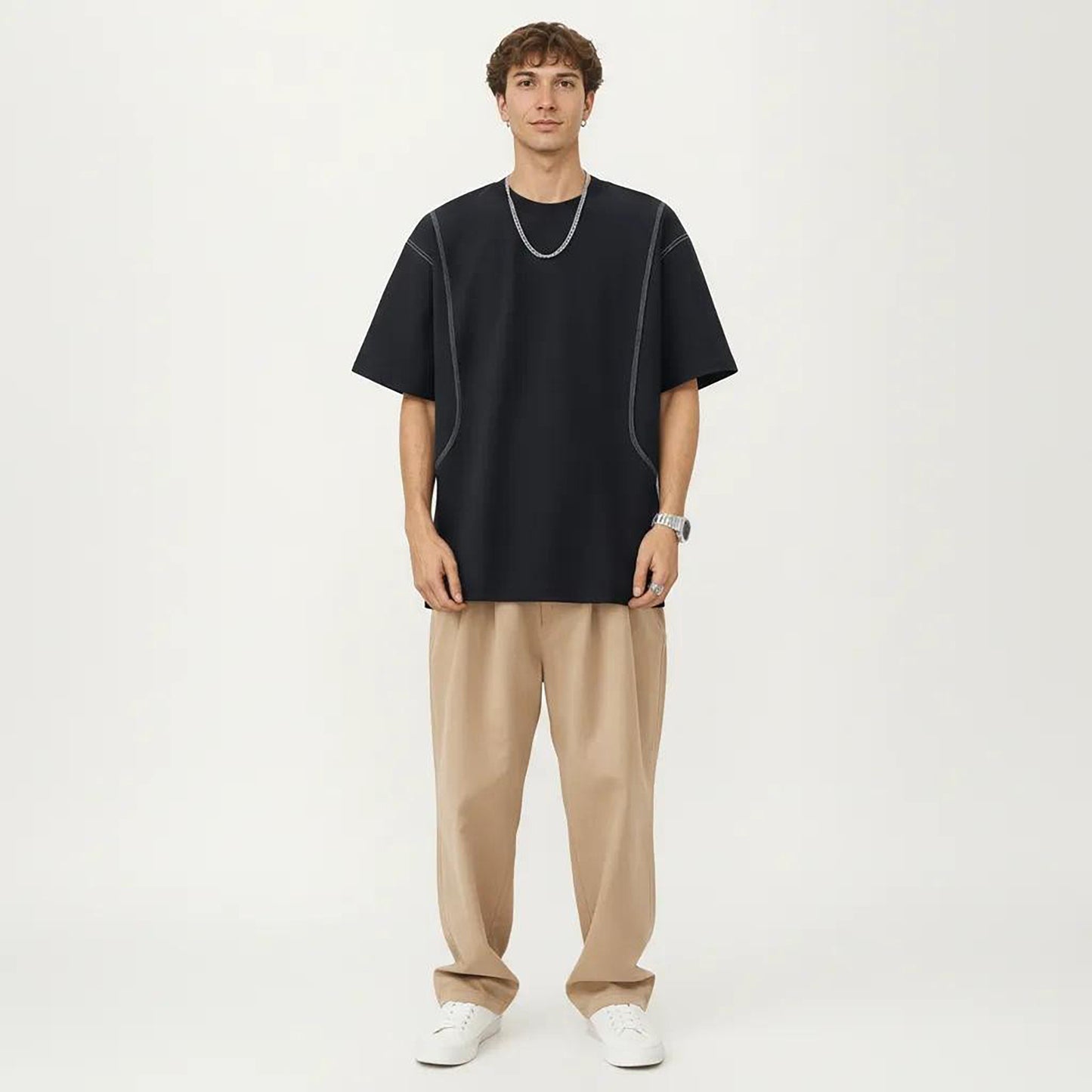 Men's Short Sleeve Crewneck T-Shirt with Exposed Seam Detailing and Relaxed Fit