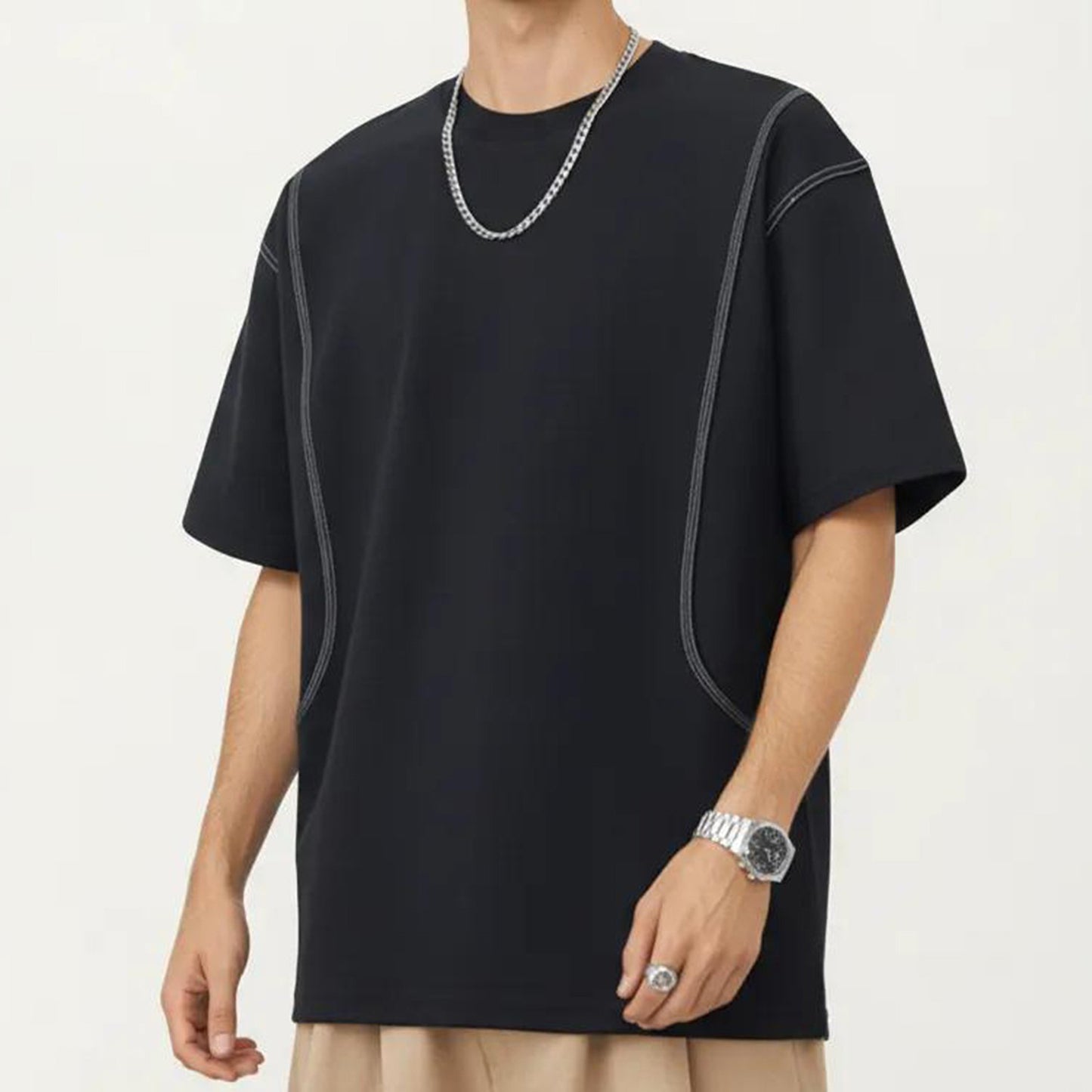 Men's Short Sleeve Crewneck T-Shirt with Exposed Seam Detailing and Relaxed Fit