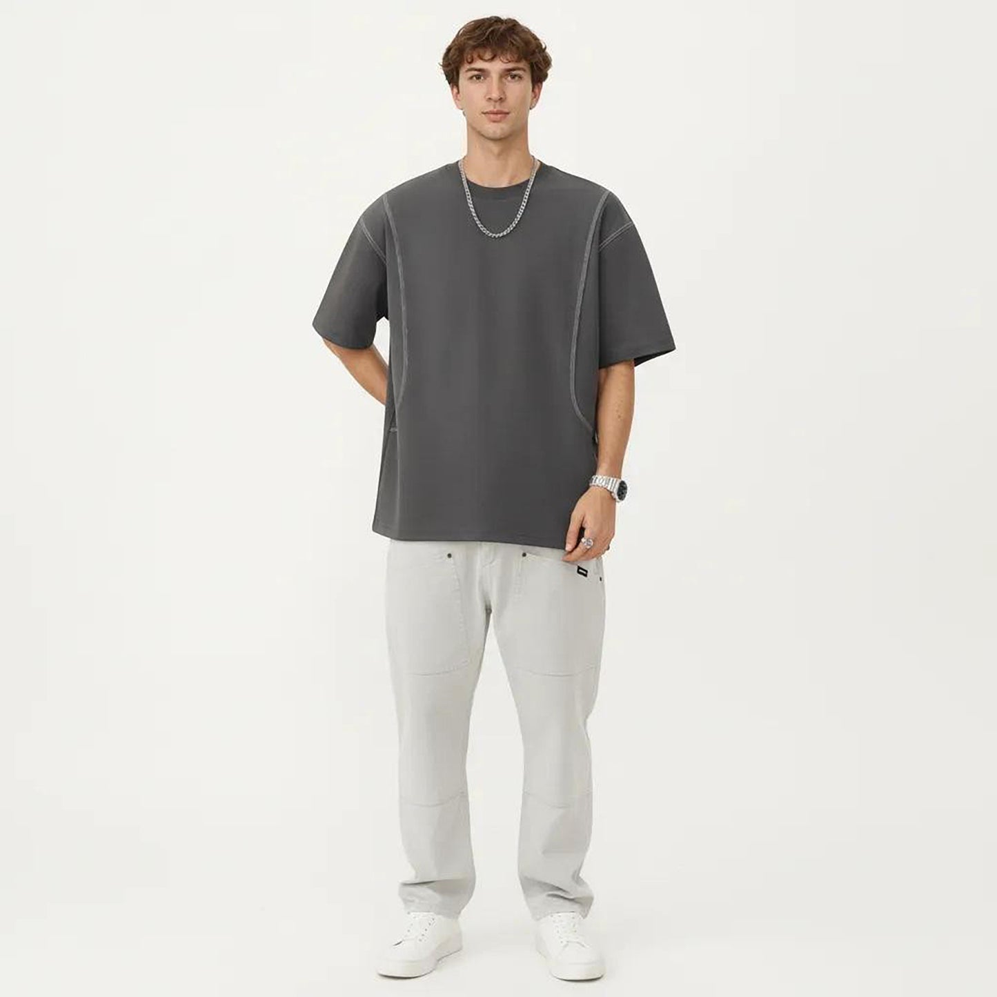Men's Short Sleeve Crewneck T-Shirt with Exposed Seam Detailing and Relaxed Fit