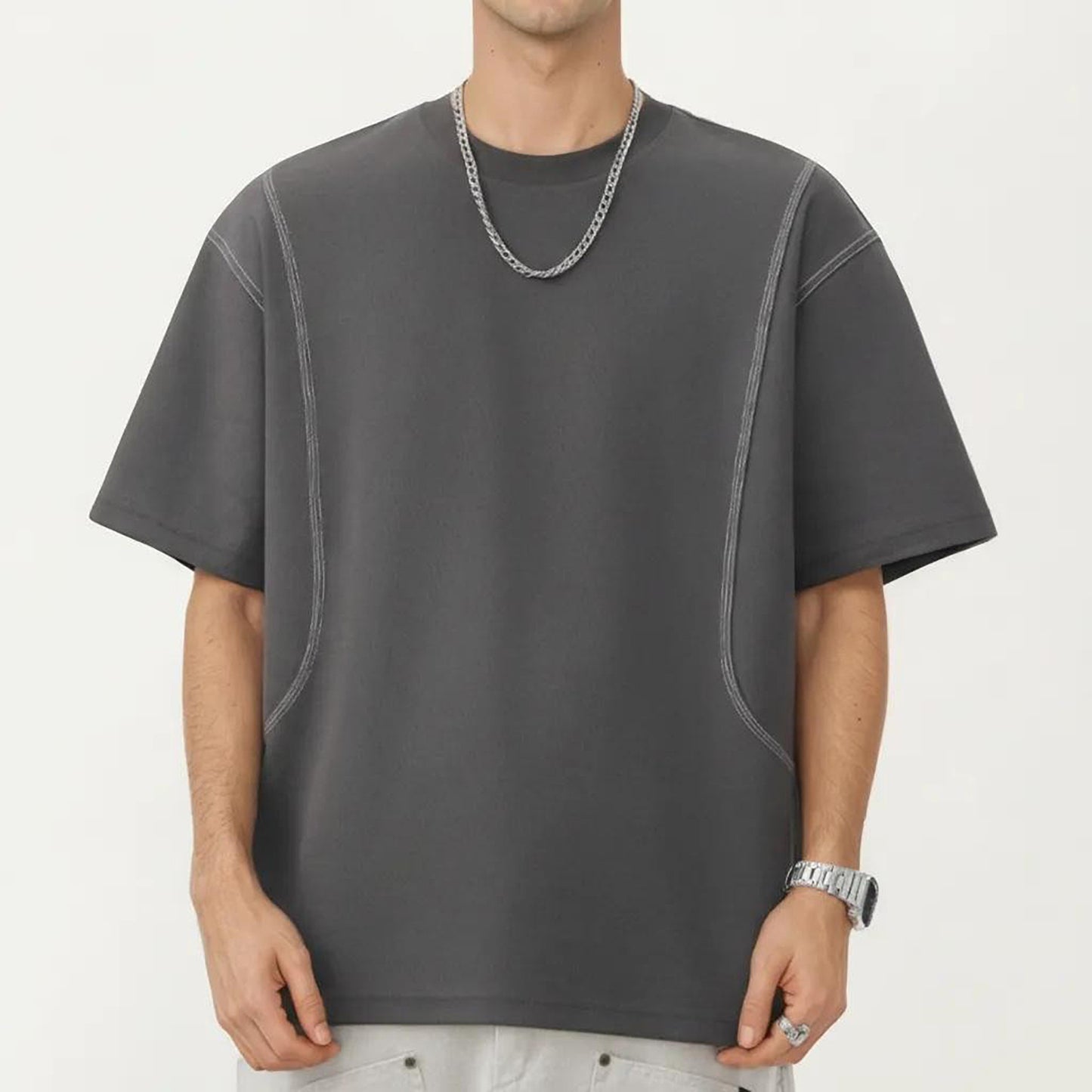 Men's Short Sleeve Crewneck T-Shirt with Exposed Seam Detailing and Relaxed Fit