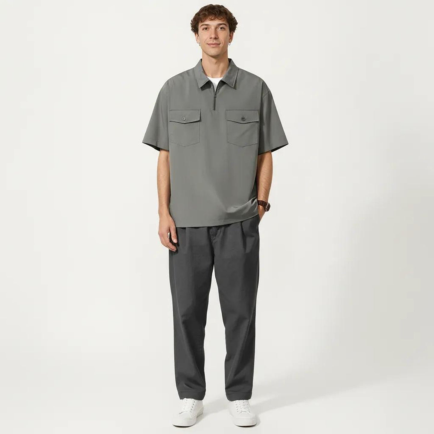 Men's Short Sleeve Half Zip Utility Shirt with Chest Pockets